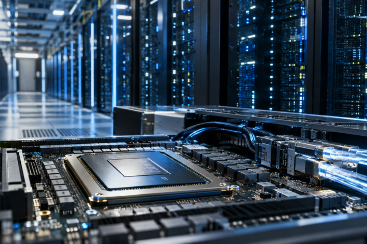 Advanced semiconductor processor and high-speed optical connections inside a modern data center lined with illuminated server racks.