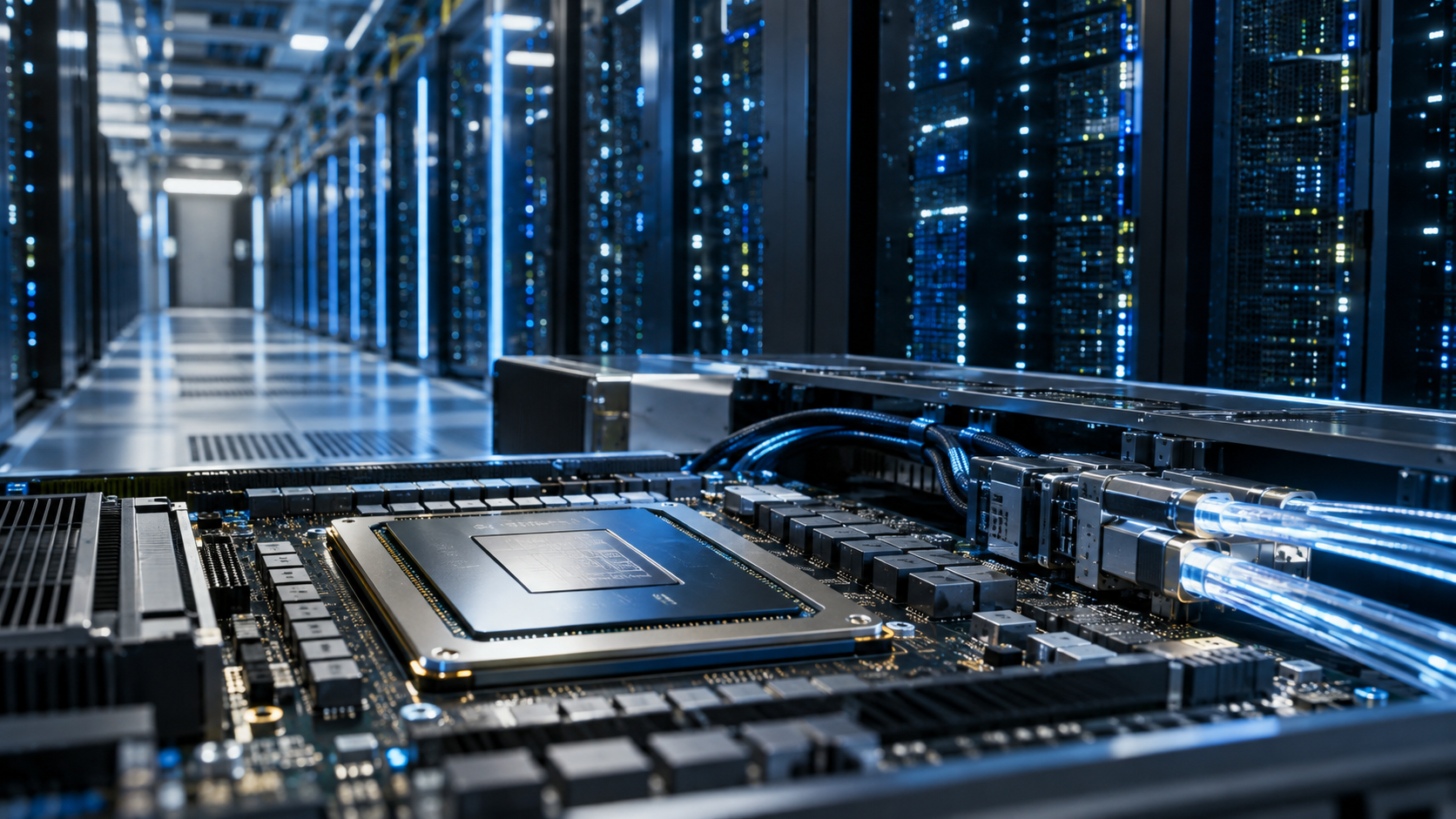 Advanced semiconductor processor and high-speed optical connections inside a modern data center lined with illuminated server racks.