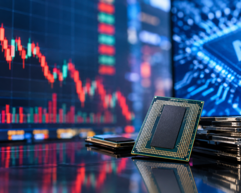 AI processor chips in front of stock market charts showing falling market prices and artificial intelligence technology.