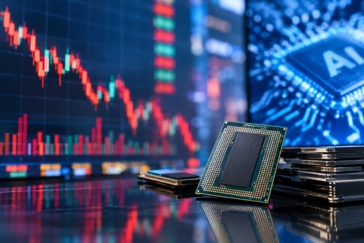 AI processor chips in front of stock market charts showing falling market prices and artificial intelligence technology.
