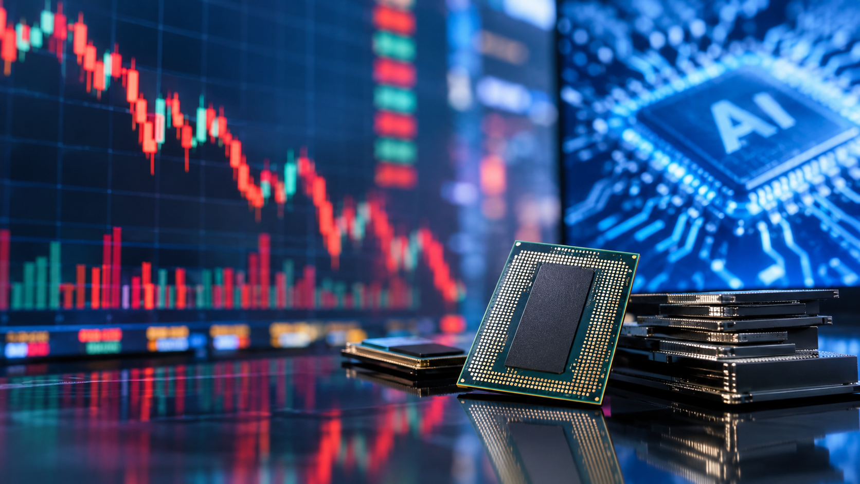 AI processor chips in front of stock market charts showing falling market prices and artificial intelligence technology.
