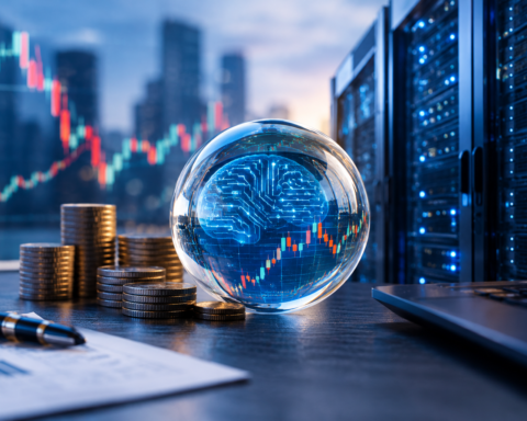 Glass sphere displaying a glowing artificial intelligence brain and stock market chart, surrounded by stacks of coins, financial charts, and illuminated data-center servers, symbolizing AI investment risks and market volatility.