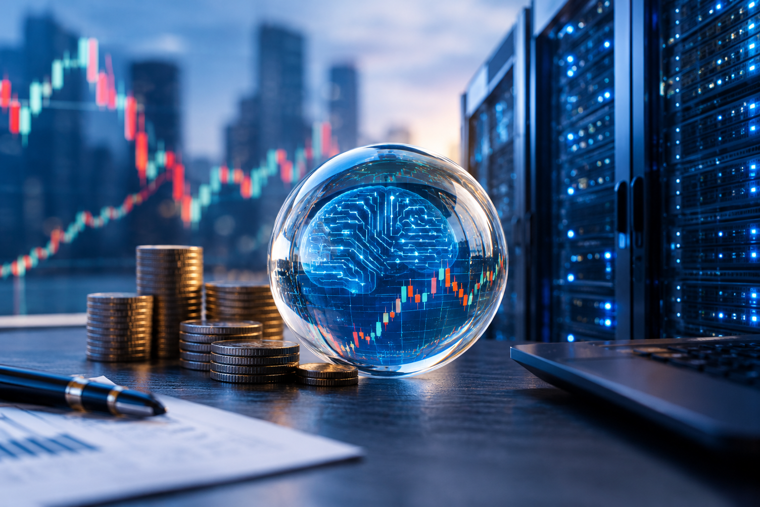 Glass sphere displaying a glowing artificial intelligence brain and stock market chart, surrounded by stacks of coins, financial charts, and illuminated data-center servers, symbolizing AI investment risks and market volatility.