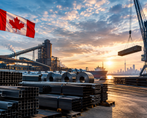 Steel coils and metal beams stacked at a Canadian industrial port, with a Canadian flag flying beside a cargo crane at sunset.