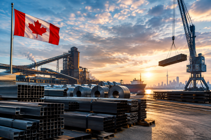 Steel coils and metal beams stacked at a Canadian industrial port, with a Canadian flag flying beside a cargo crane at sunset.