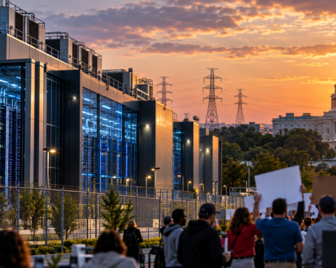 A modern AI data center with illuminated server racks and power infrastructure stands near the U.S. Capitol as a crowd gathers in protest at sunset, illustrating growing public concerns over data center expansion.