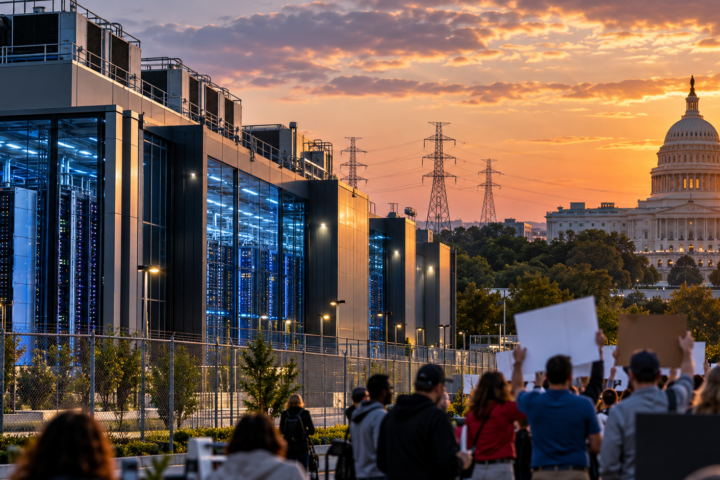 A modern AI data center with illuminated server racks and power infrastructure stands near the U.S. Capitol as a crowd gathers in protest at sunset, illustrating growing public concerns over data center expansion.