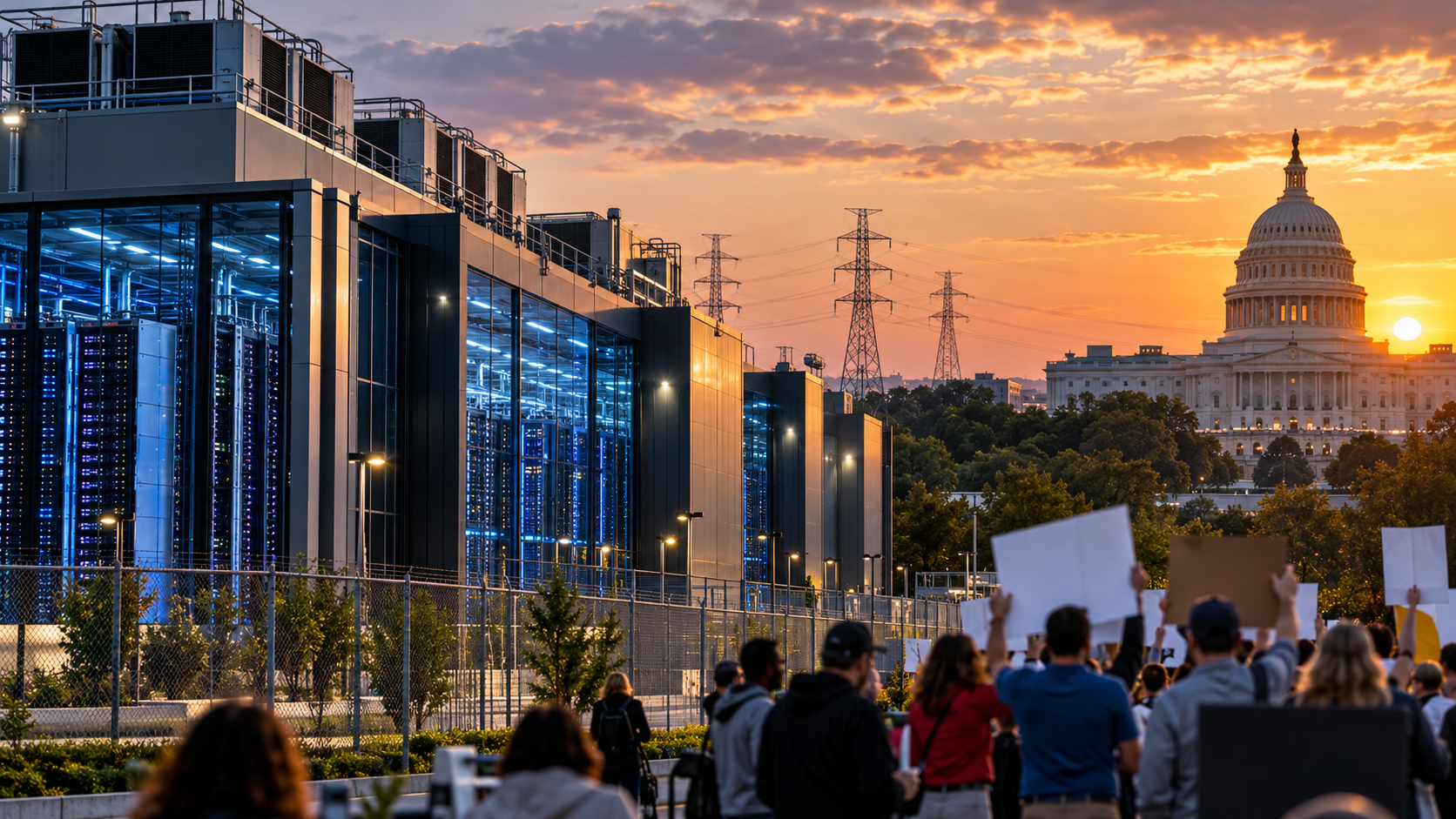 A modern AI data center with illuminated server racks and power infrastructure stands near the U.S. Capitol as a crowd gathers in protest at sunset, illustrating growing public concerns over data center expansion.