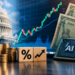 Stacks of coins, a microchip symbolizing artificial intelligence, and U.S. Treasury securities displayed in front of a rising market chart, representing the relationship between AI-driven growth and higher interest rates.