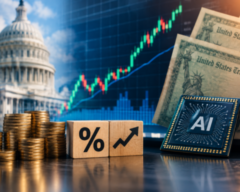 Stacks of coins, a microchip symbolizing artificial intelligence, and U.S. Treasury securities displayed in front of a rising market chart, representing the relationship between AI-driven growth and higher interest rates.
