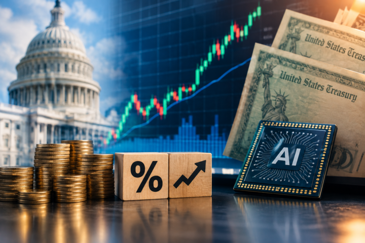 Stacks of coins, a microchip symbolizing artificial intelligence, and U.S. Treasury securities displayed in front of a rising market chart, representing the relationship between AI-driven growth and higher interest rates.