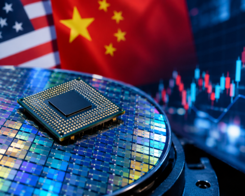 A semiconductor processor resting on a silicon wafer with U.S. and Chinese flags in the background and a glowing stock market chart, representing AI chip demand and global semiconductor competition.