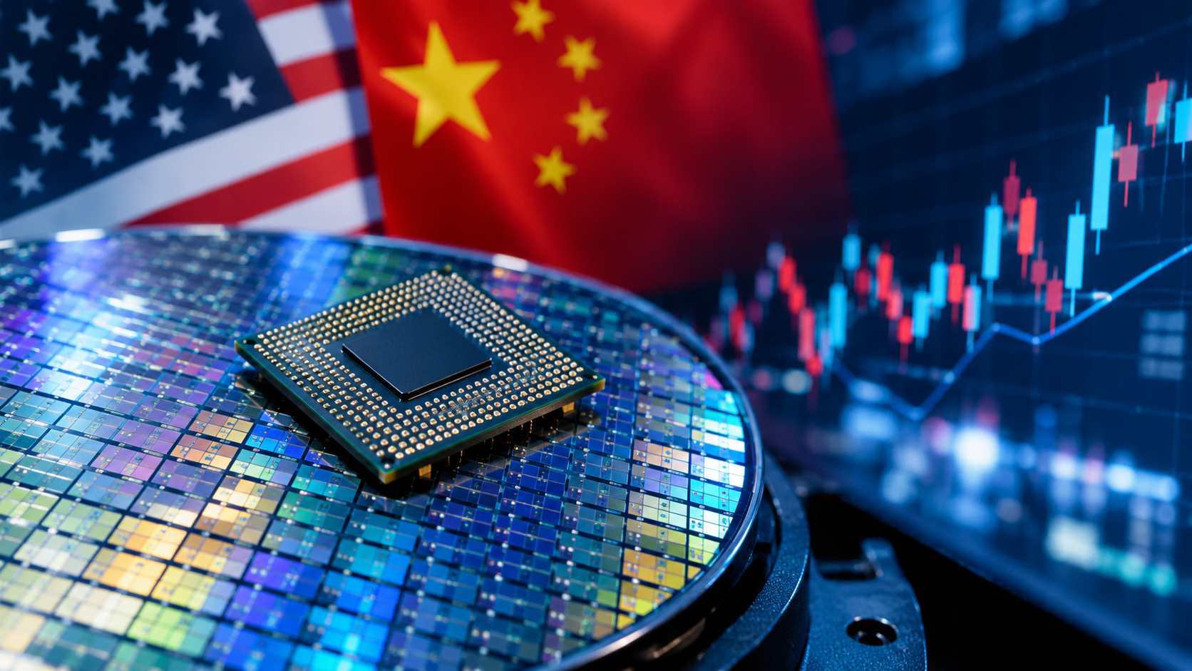 A semiconductor processor resting on a silicon wafer with U.S. and Chinese flags in the background and a glowing stock market chart, representing AI chip demand and global semiconductor competition.