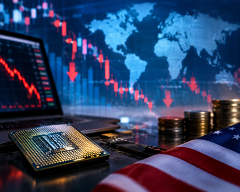 A computer chip, stacked coins, and an American flag in front of global market displays showing falling stock prices, symbolizing technology-sector volatility and inflation-driven interest-rate concerns.