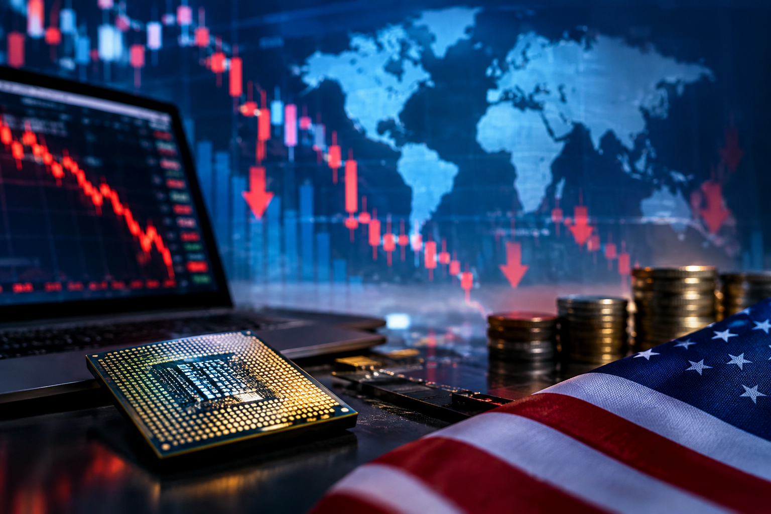 A computer chip, stacked coins, and an American flag in front of global market displays showing falling stock prices, symbolizing technology-sector volatility and inflation-driven interest-rate concerns.