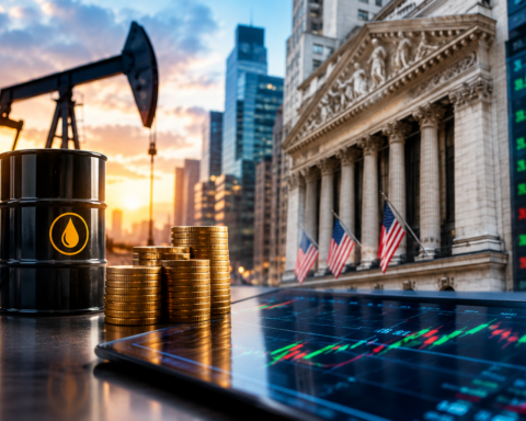 Oil barrel, gold coins, oil pumpjack, and stock market charts in front of the New York Stock Exchange, illustrating oil price volatility and financial market uncertainty.