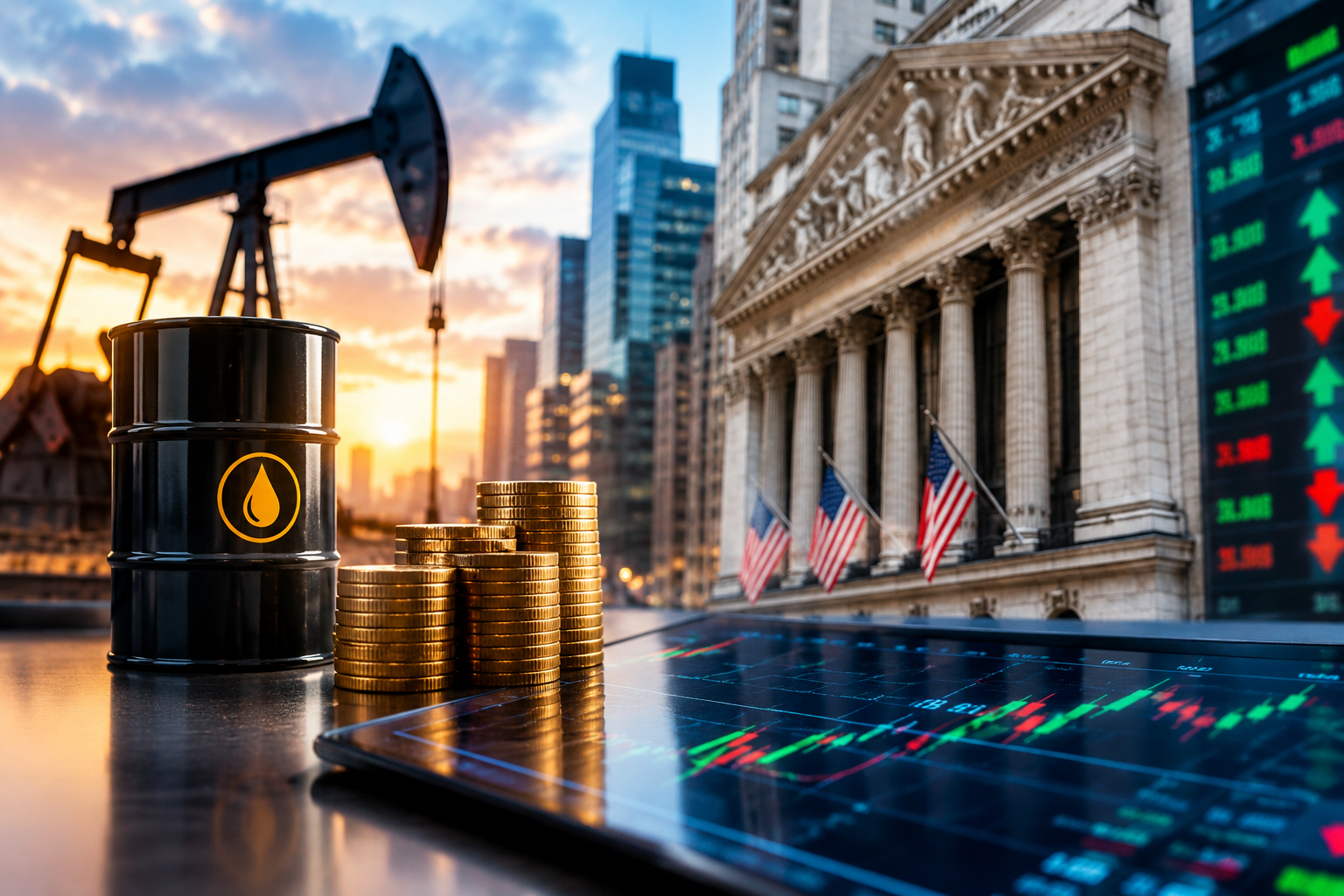 Oil barrel, gold coins, oil pumpjack, and stock market charts in front of the New York Stock Exchange, illustrating oil price volatility and financial market uncertainty.