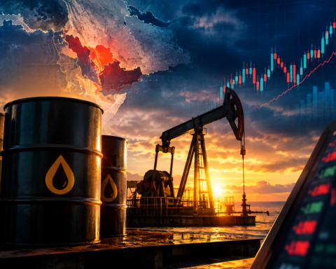 Oil barrels and a pumpjack at sunset with a geopolitical map and rising financial market chart symbolizing surging crude prices and global market risks.