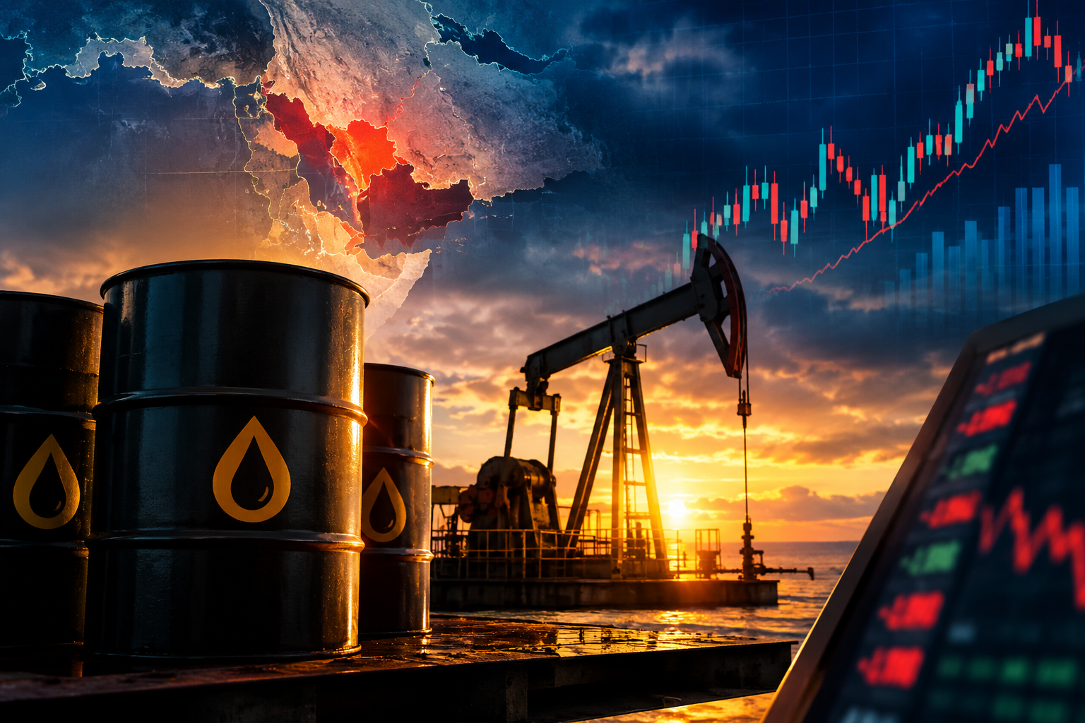 Oil barrels and a pumpjack at sunset with a geopolitical map and rising financial market chart symbolizing surging crude prices and global market risks.