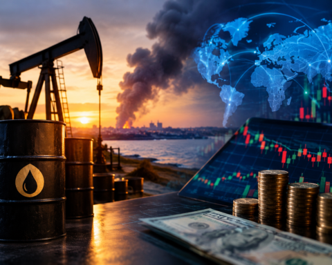 Oil barrels and a pumpjack at sunset alongside global market charts, a digital world map, falling stock indicators, and stacks of coins, illustrating rising oil prices and financial market uncertainty.