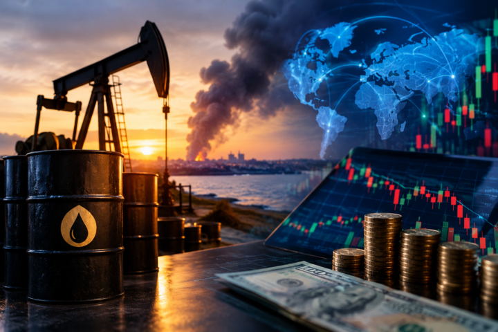 Oil barrels and a pumpjack at sunset alongside global market charts, a digital world map, falling stock indicators, and stacks of coins, illustrating rising oil prices and financial market uncertainty.