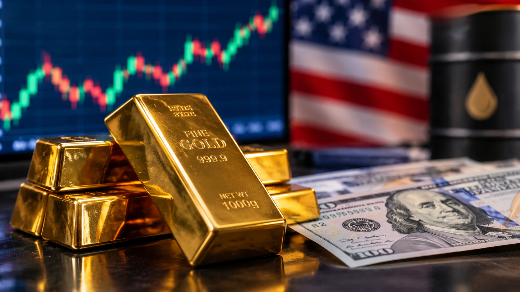Shining gold bars beside U.S. dollar banknotes, with a rising stock market chart, American flag, and oil barrel in the background, illustrating gold prices and financial market trends.