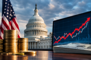 Stacks of coins and U.S. currency in the foreground with the U.S. Capitol building in the background, symbolizing rising Treasury yields, government debt markets, and the impact of higher interest rates on global investments.