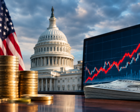 Stacks of coins and U.S. currency in the foreground with the U.S. Capitol building in the background, symbolizing rising Treasury yields, government debt markets, and the impact of higher interest rates on global investments.