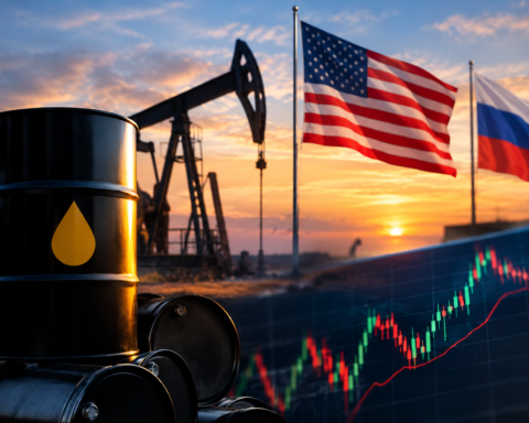 Black oil barrels and a pumpjack at sunset alongside the American and Russian flags and a financial market chart, representing oil price volatility and changing global energy supply expectations.