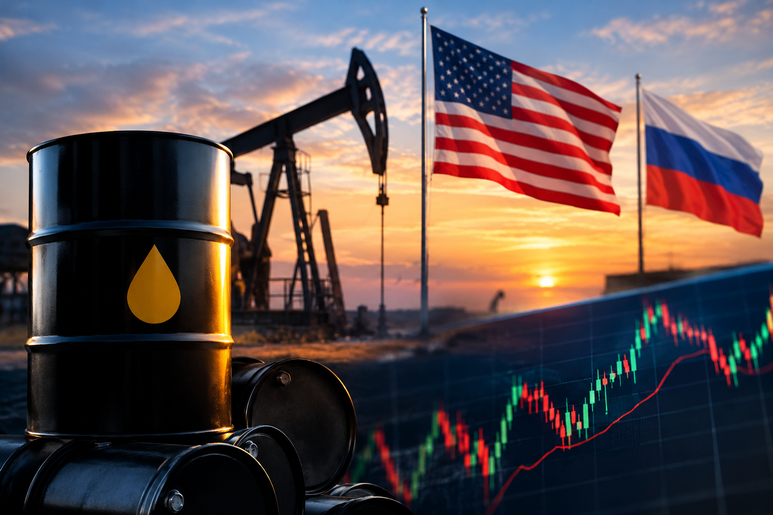 Black oil barrels and a pumpjack at sunset alongside the American and Russian flags and a financial market chart, representing oil price volatility and changing global energy supply expectations.