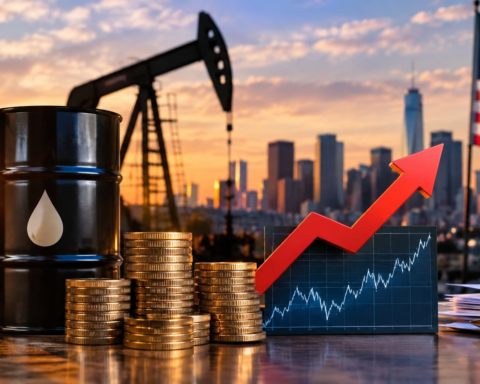 Oil barrel, rising market chart and U.S. financial skyline representing higher energy prices and Treasury yields putting pressure on American businesses.