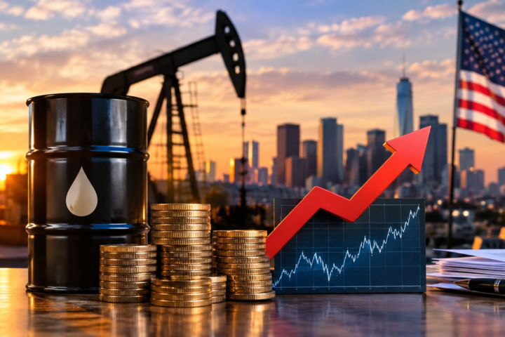 Oil barrel, rising market chart and U.S. financial skyline representing higher energy prices and Treasury yields putting pressure on American businesses.