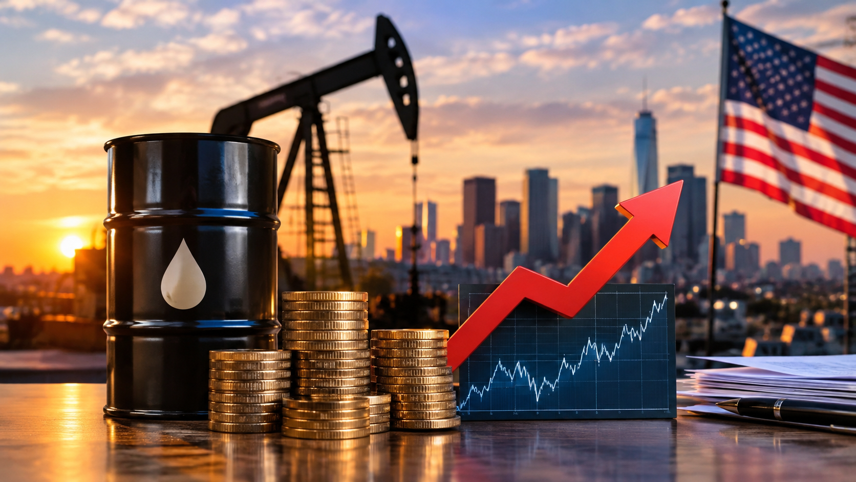 Oil barrel, rising market chart and U.S. financial skyline representing higher energy prices and Treasury yields putting pressure on American businesses.
