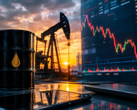A black oil barrel and silhouetted oil pumpjack stand against a sunset beside a financial trading screen displaying falling stock-market charts, symbolizing rising oil prices and renewed pressure on AI stocks.