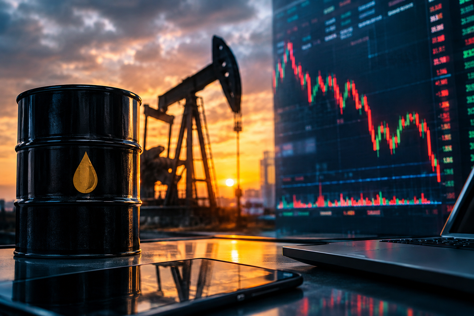 A black oil barrel and silhouetted oil pumpjack stand against a sunset beside a financial trading screen displaying falling stock-market charts, symbolizing rising oil prices and renewed pressure on AI stocks.