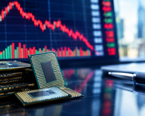 Semiconductor chips in front of a financial trading screen showing a declining stock market chart, representing volatility and growing investor concerns about AI investment valuations.