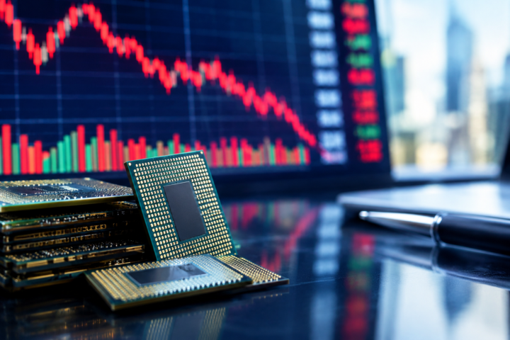 Semiconductor chips in front of a financial trading screen showing a declining stock market chart, representing volatility and growing investor concerns about AI investment valuations.