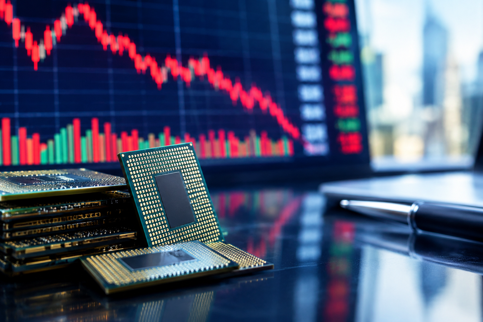 Semiconductor chips in front of a financial trading screen showing a declining stock market chart, representing volatility and growing investor concerns about AI investment valuations.